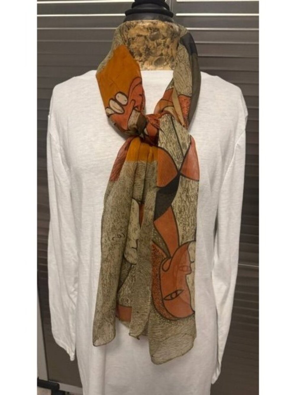 Vintage Picasso-Inspired Wearable Art Scarf Abstract Woman Figure Long Lightweig